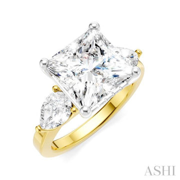 1 1/10 Ctw Tri-Mount Princess Shape Center Pear and Round Cut Diamond Semi-Mount Engagement Ring in 14K Yellow and White Gold